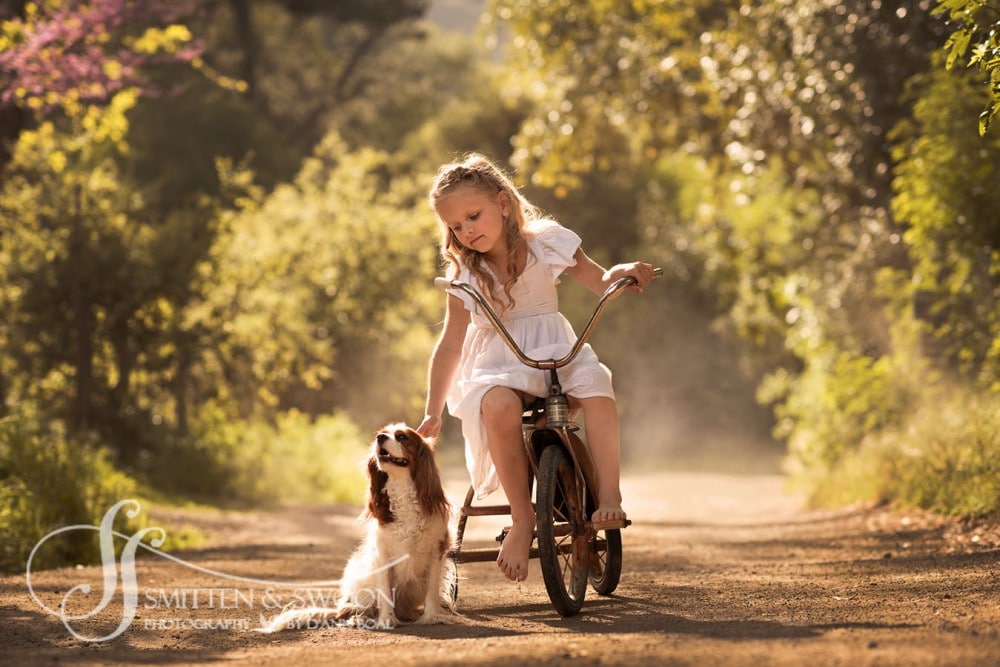 girl riding tricycle with king charles puppy {boulder portrait photographer}