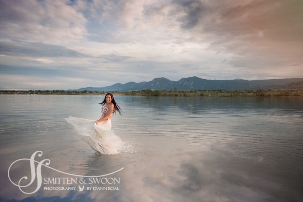 senior girl dancing in water with prom dress {boulder creative senior photographer}