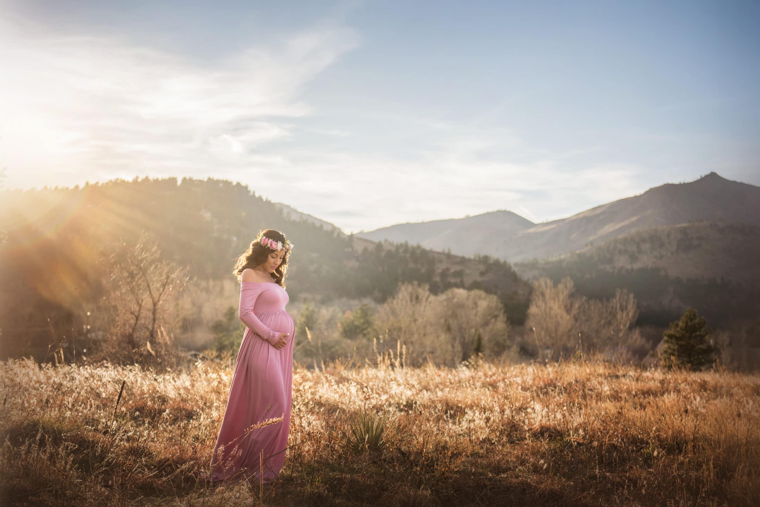 maternity photography in golden field at sunset boulder photographer
