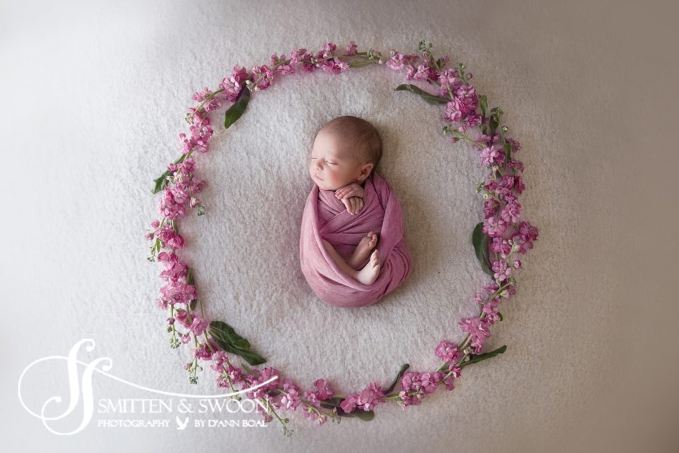 newborn baby girl wrapped in pink with pink circle of flowers boulder newborn photographer