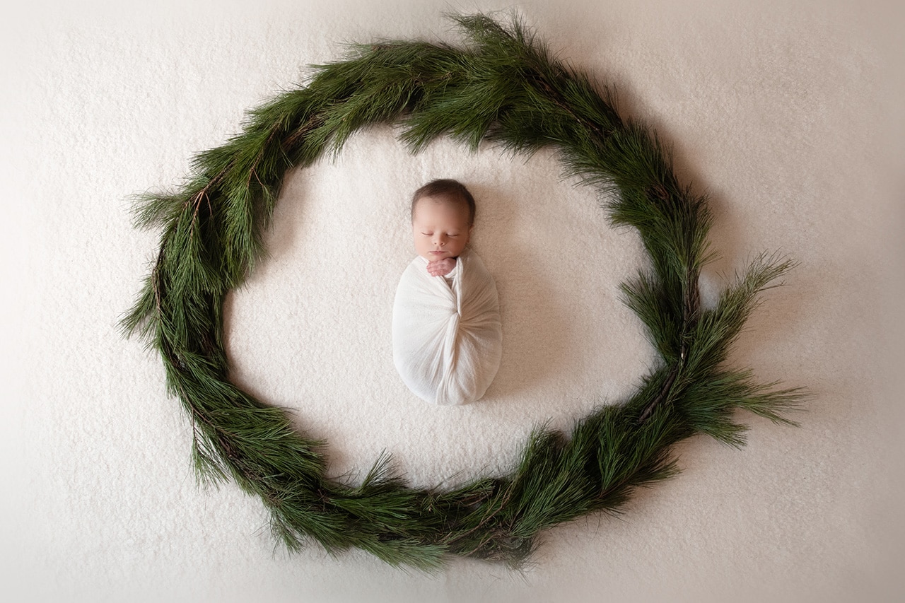 newborn baby boy wrapped in white with evergreen wreath (boulder photographer)